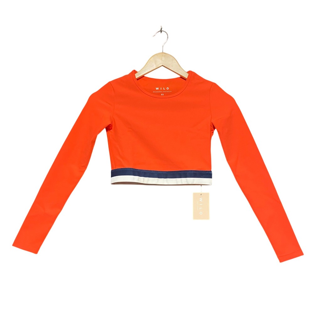 Wilo Contra Long Sleeve Crop Top Orange Navy Ribbed XS Gym Streetwear Sporty NWT